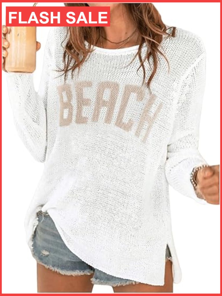 Women's Letter Print Long Sleeve Crochet Cover Up Sweater Jumper